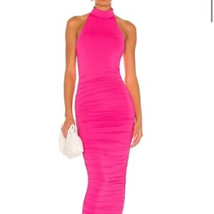 Pink ruched high neck midi dress